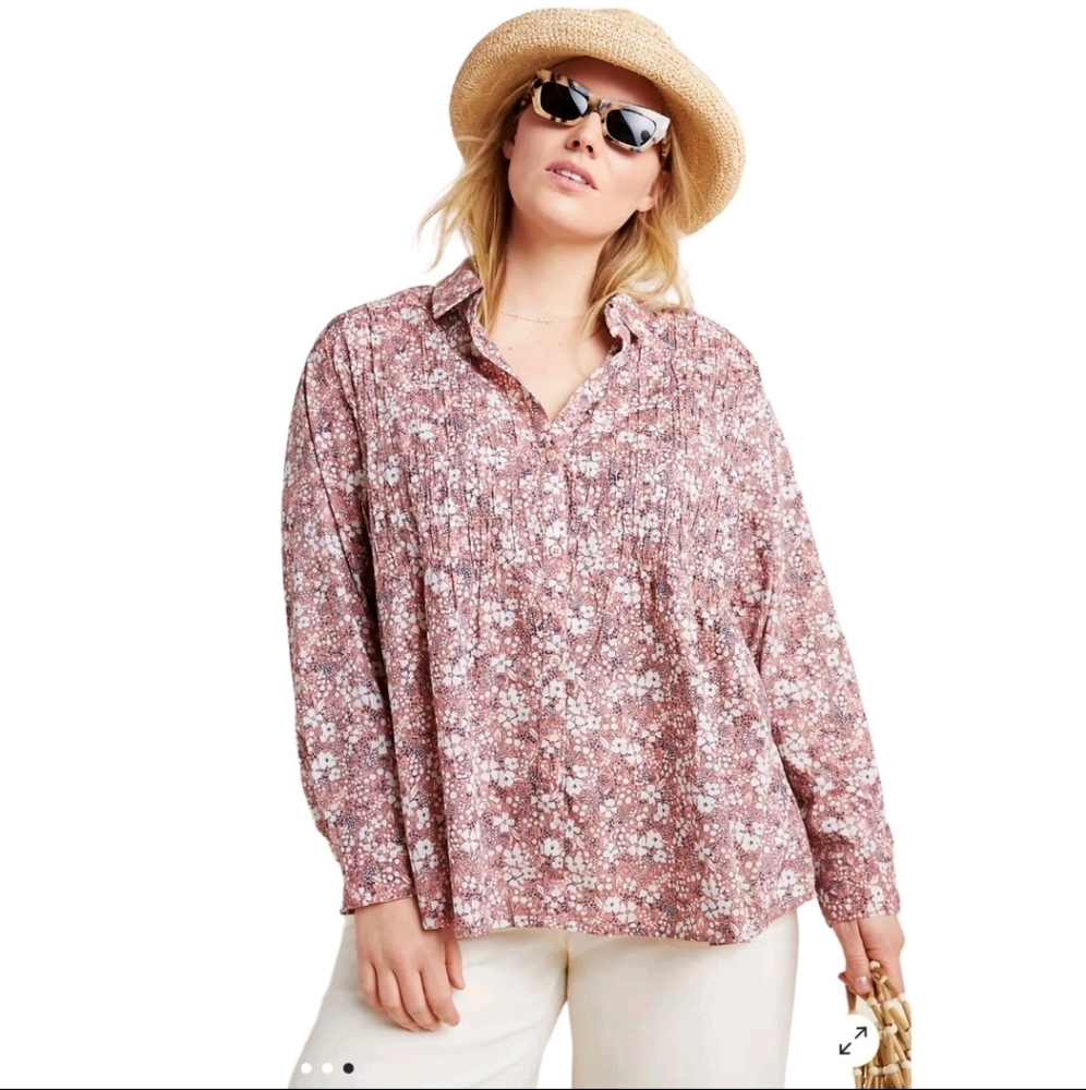 Anthropologie Pilcro Pink Floral Sasha Smocked Button Down Shirt Blouse Size XS